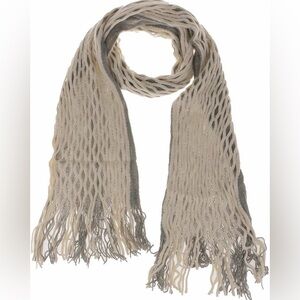 Grey and White Crochet Knitted Infinity Scarf With Fringe.